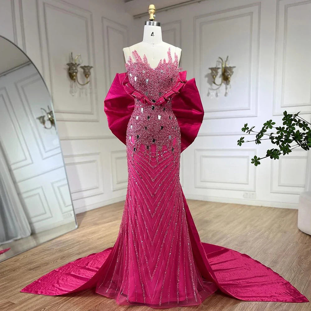 Elegante vestido de noche fucsia con cuentas y perlas estilo sirena, 2025, vestidos formales de lujo de Dubái para mujer, fiesta 2025, LA72263