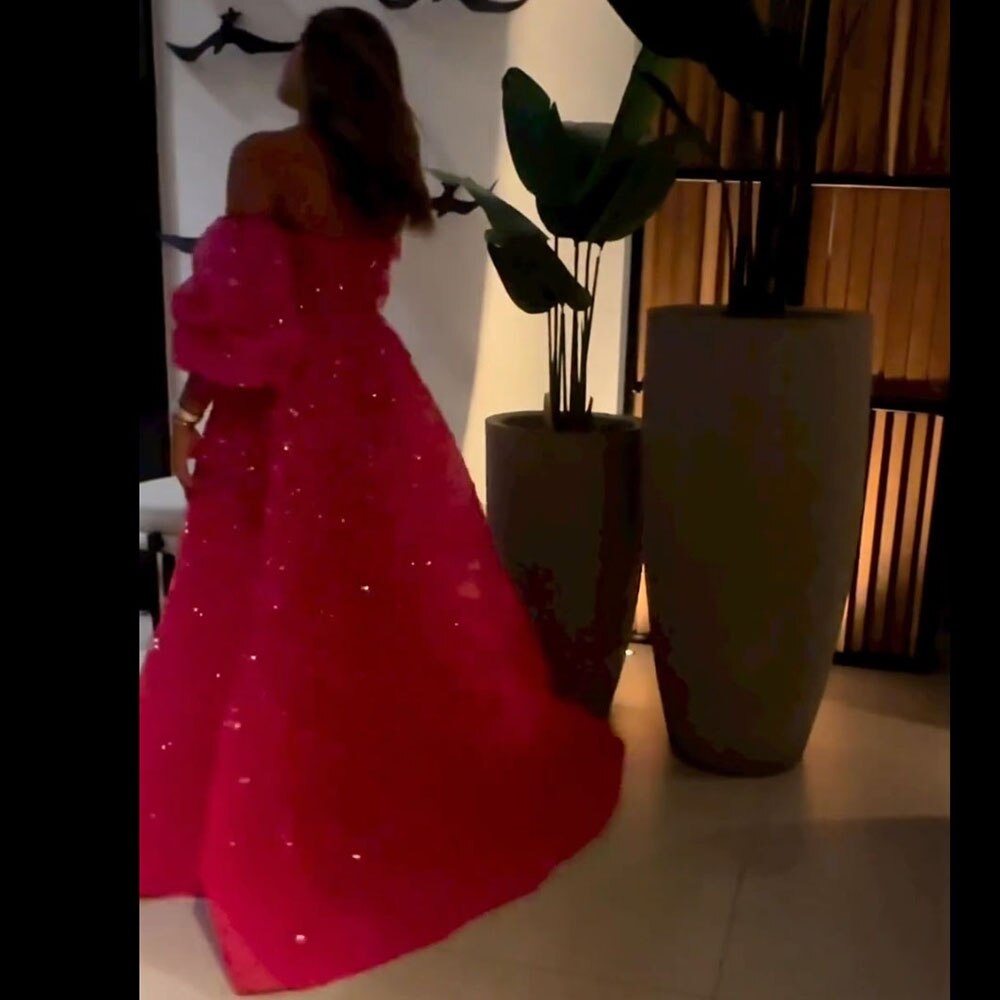 Elegante vestido de noche fucsia sin tirantes, corte A, mangas abullonadas brillantes y cuentas de cristal para mujer, fiesta LA72127