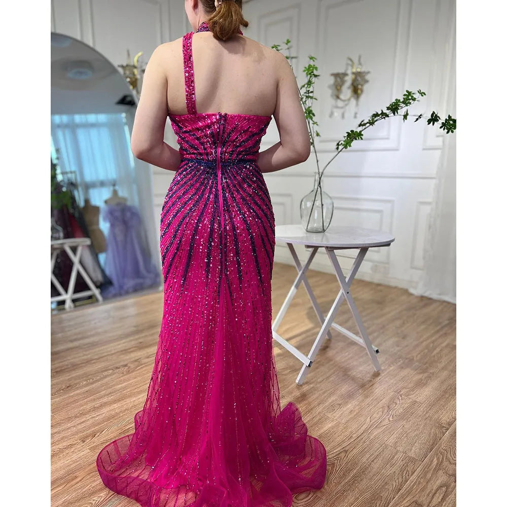 Fuchsia Neckholder Ärmelloses Perlenbesetztes Meerjungfrau Abendkleid mit hohem Schlitz LA72092