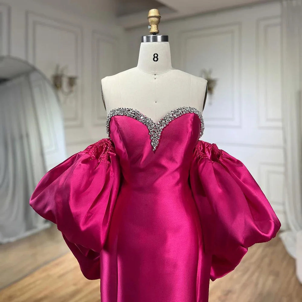 Vestido de noche de sirena fucsia de mikado, satén, sin tirantes, con mangas globo, para mujer, para boda, fiesta, 2025, LA71923