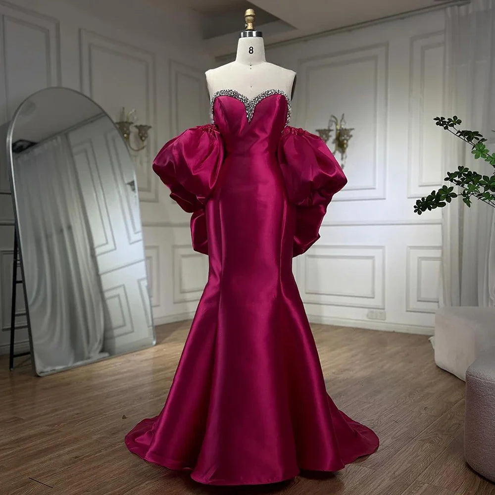 Vestido de noche de sirena fucsia de mikado, satén, sin tirantes, con mangas globo, para mujer, para boda, fiesta, 2025, LA71923