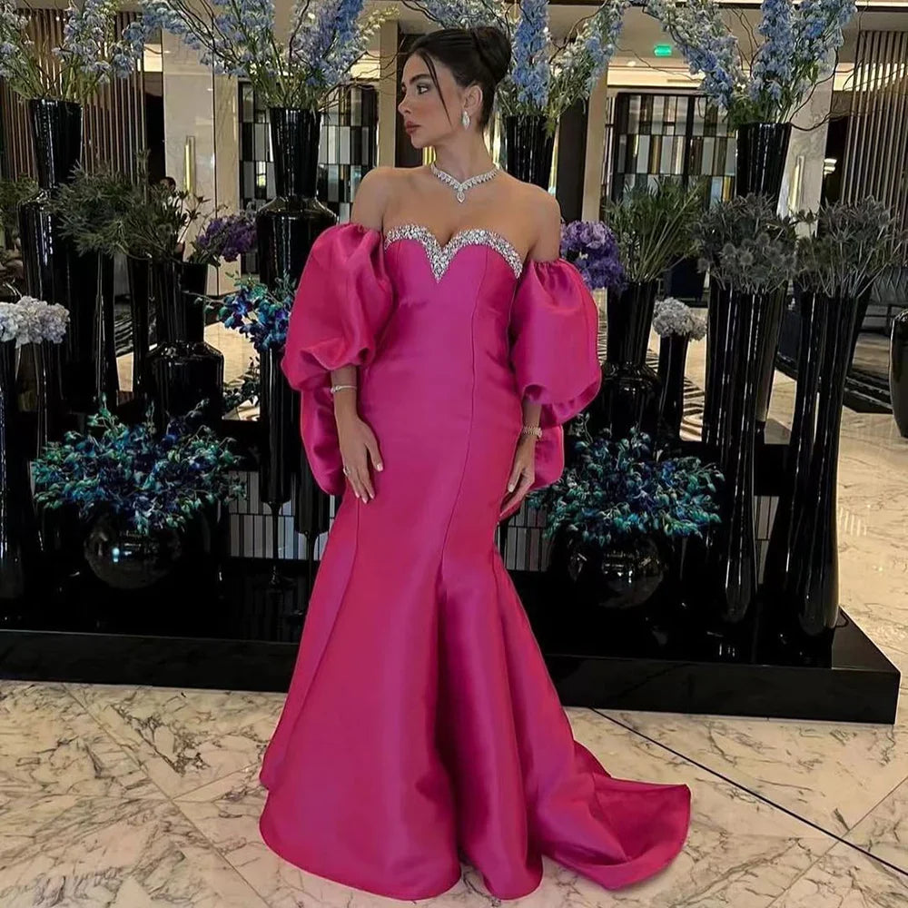 Vestido de noche de sirena fucsia de mikado, satén, sin tirantes, con mangas globo, para mujer, para boda, fiesta, 2025, LA71923