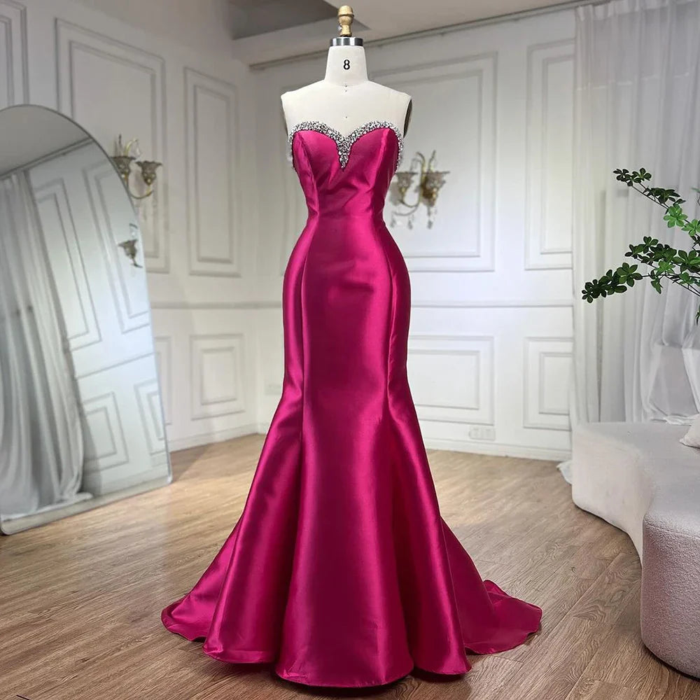 Vestido de noche de sirena fucsia de mikado, satén, sin tirantes, con mangas globo, para mujer, para boda, fiesta, 2025, LA71923