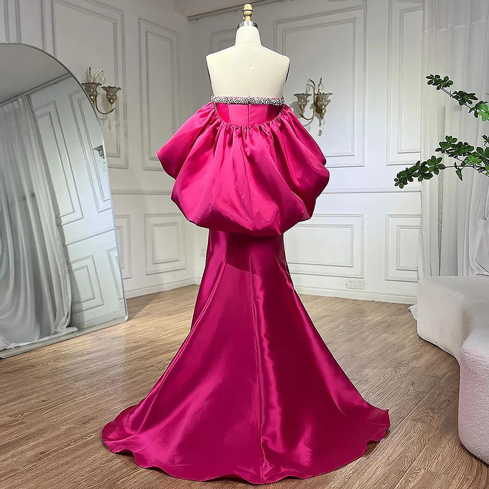 Vestido de noche de sirena fucsia de mikado, satén, sin tirantes, con mangas globo, para mujer, para boda, fiesta, 2025, LA71923