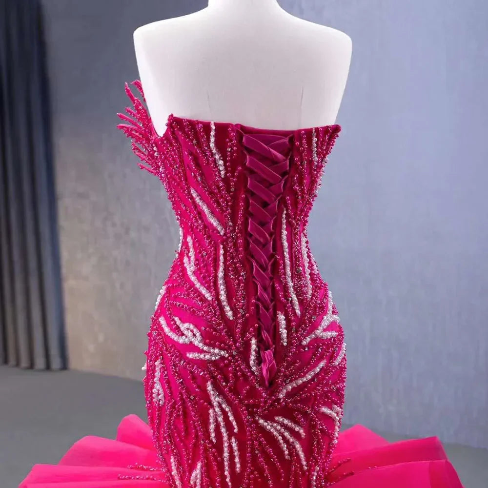 Vestido de novia fucsia sin tirantes, con encaje, perlas y cuentas, de lujo, corte sirena, 2025, alta gama, hecho a medida, HM231040