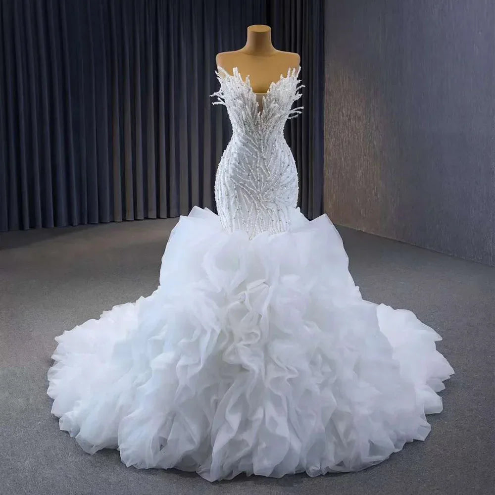 Vestido de novia fucsia sin tirantes, con encaje, perlas y cuentas, de lujo, corte sirena, 2025, alta gama, hecho a medida, HM231040