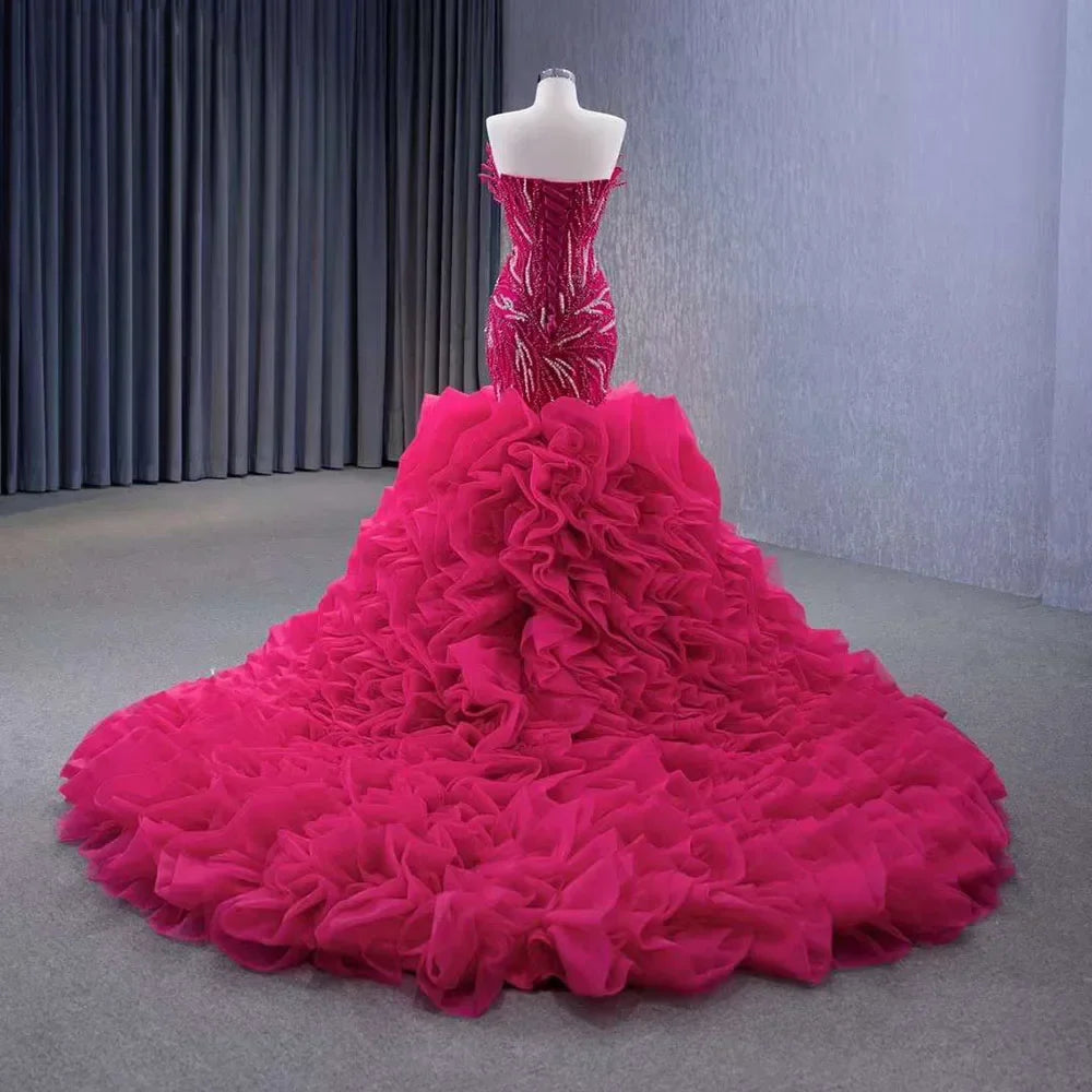 Vestido de novia fucsia sin tirantes, con encaje, perlas y cuentas, de lujo, corte sirena, 2025, alta gama, hecho a medida, HM231040