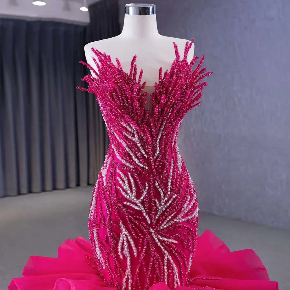 Vestido de novia fucsia sin tirantes, con encaje, perlas y cuentas, de lujo, corte sirena, 2025, alta gama, hecho a medida, HM231040