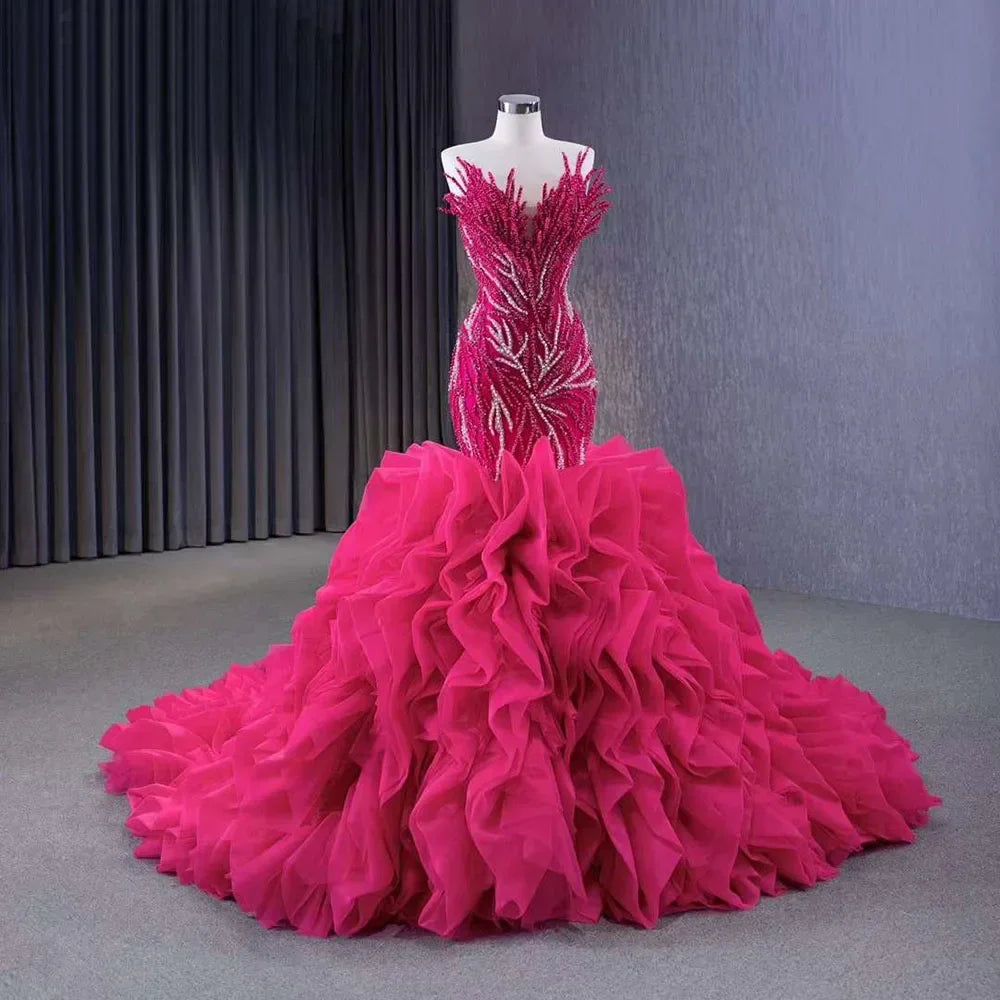 Vestido de novia fucsia sin tirantes, con encaje, perlas y cuentas, de lujo, corte sirena, 2025, alta gama, hecho a medida, HM231040