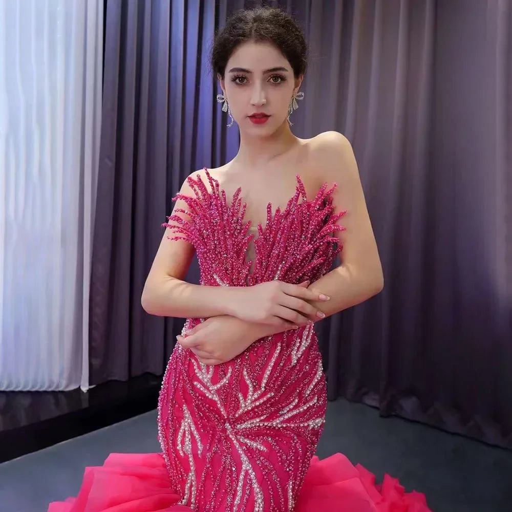 Vestido de novia fucsia sin tirantes, con encaje, perlas y cuentas, de lujo, corte sirena, 2025, alta gama, hecho a medida, HM231040
