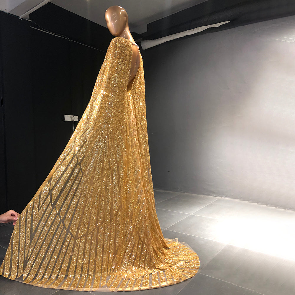 Vestidos de noche dorados de corte A con mangas tipo capa, 2025, con cuentas, elegantes, de lujo, para mujer, fiesta, LA71670