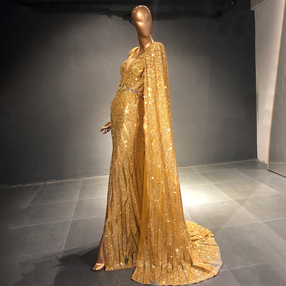 Vestidos de noche dorados de corte A con mangas tipo capa, 2025, con cuentas, elegantes, de lujo, para mujer, fiesta, LA71670