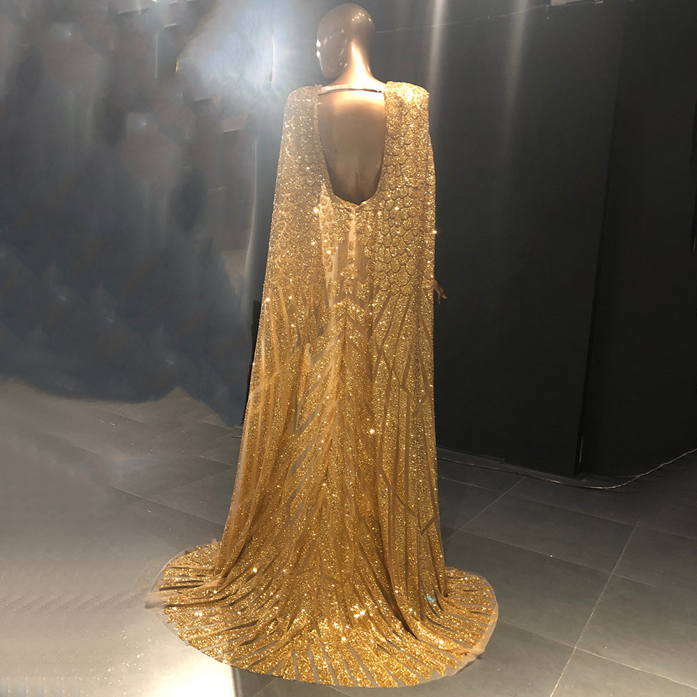 Vestidos de noche dorados de corte A con mangas tipo capa, 2025, con cuentas, elegantes, de lujo, para mujer, fiesta, LA71670