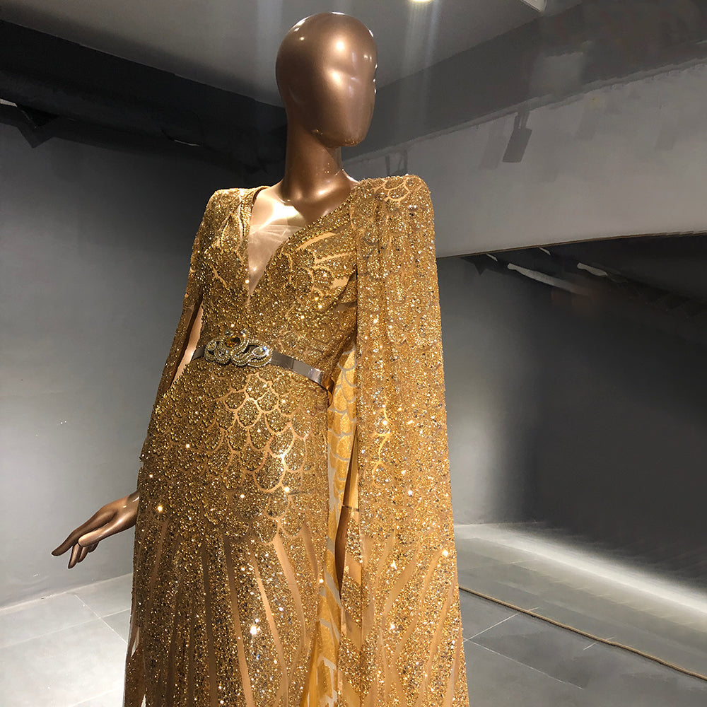Vestidos de noche dorados de corte A con mangas tipo capa, 2025, con cuentas, elegantes, de lujo, para mujer, fiesta, LA71670