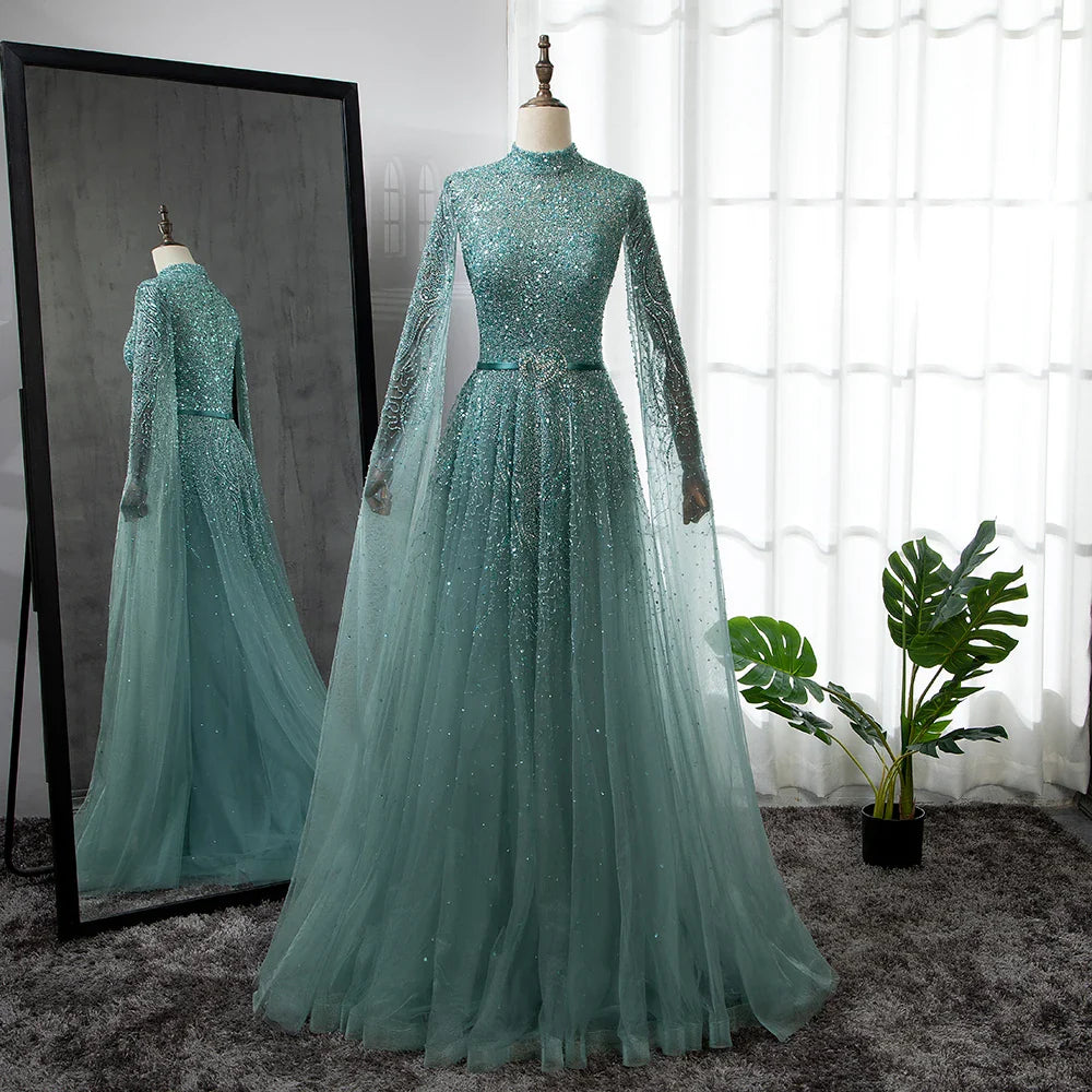 Luxuriöses blaues arabisches Abendkleid mit Cape-Ärmeln, Übergröße LA70066B