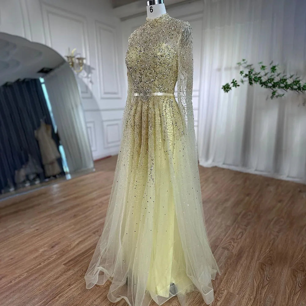 Luxuriöses blaues arabisches Abendkleid mit Cape-Ärmeln, Übergröße LA70066B