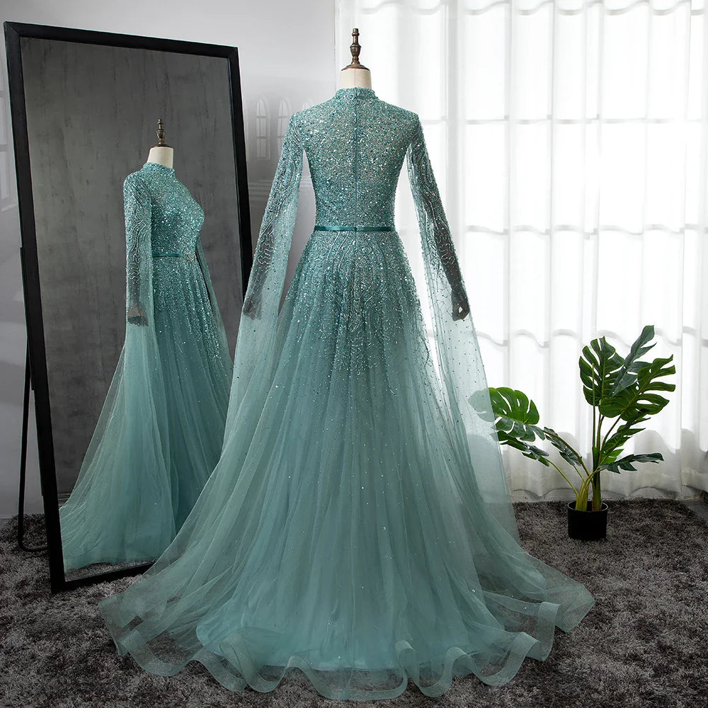 Luxuriöses blaues arabisches Abendkleid mit Cape-Ärmeln, Übergröße LA70066B