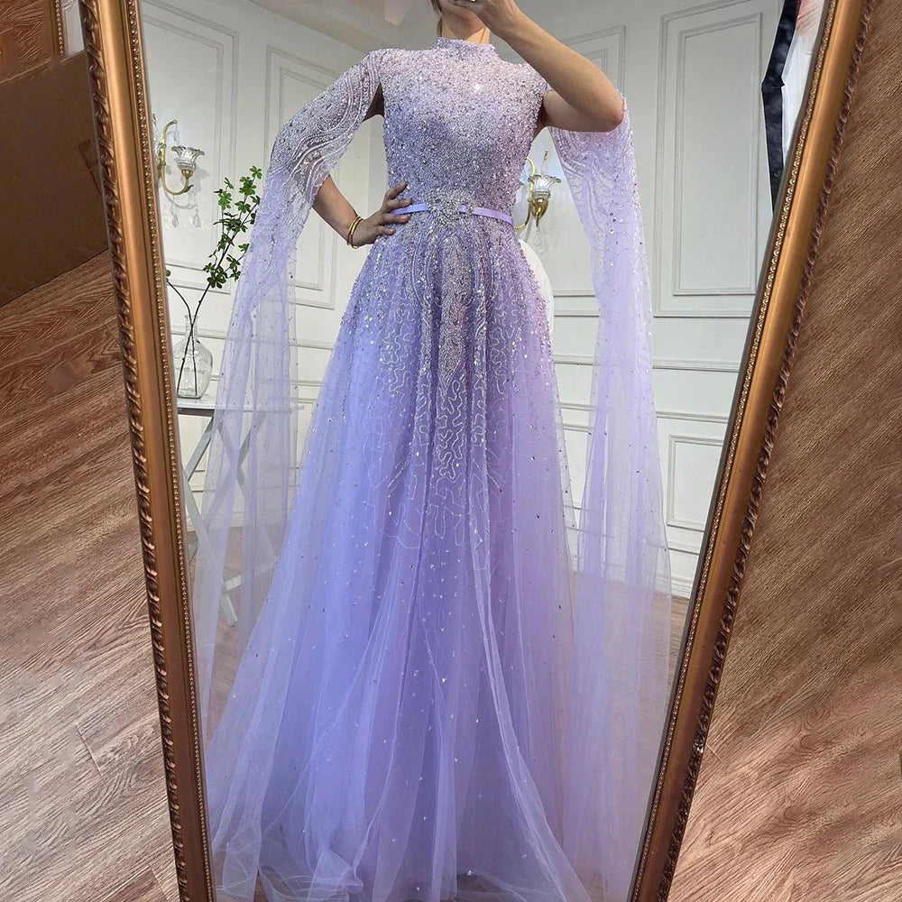 Luxuriöses blaues arabisches Abendkleid mit Cape-Ärmeln, Übergröße LA70066B