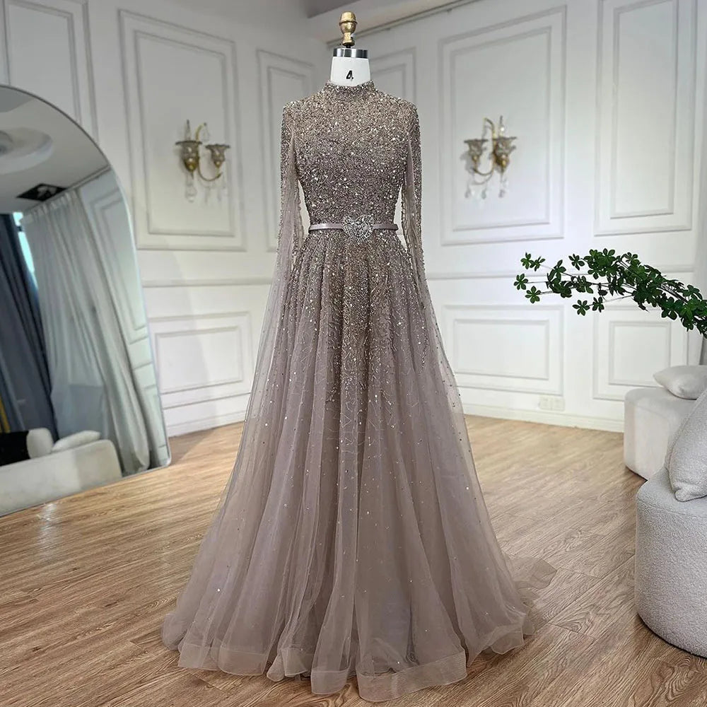 Luxuriöses blaues arabisches Abendkleid mit Cape-Ärmeln, Übergröße LA70066B