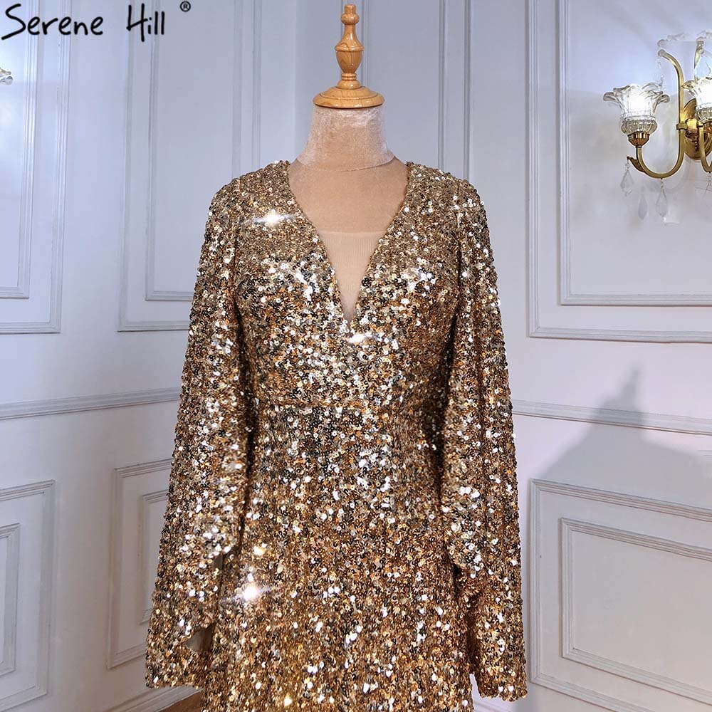 Vestido de noche dorado de corte A con abertura alta, de lujo, con mangas acampanadas, para mujer, para fiesta de bodas, LA71395