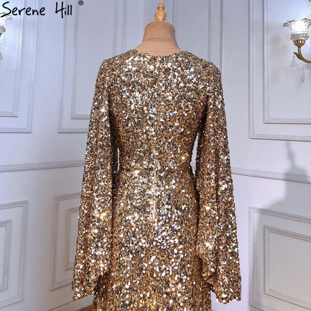 Vestido de noche dorado de corte A con abertura alta, de lujo, con mangas acampanadas, para mujer, para fiesta de bodas, LA71395