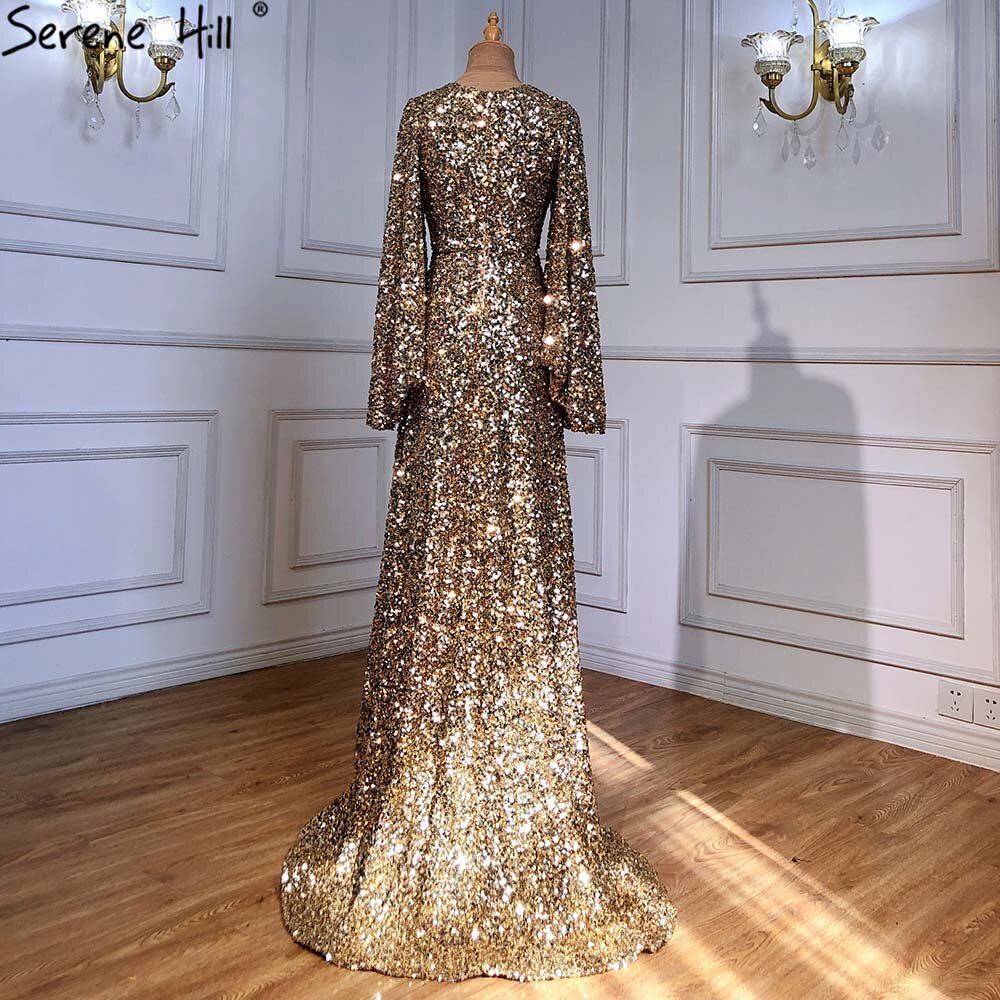 Vestido de noche dorado de corte A con abertura alta, de lujo, con mangas acampanadas, para mujer, para fiesta de bodas, LA71395