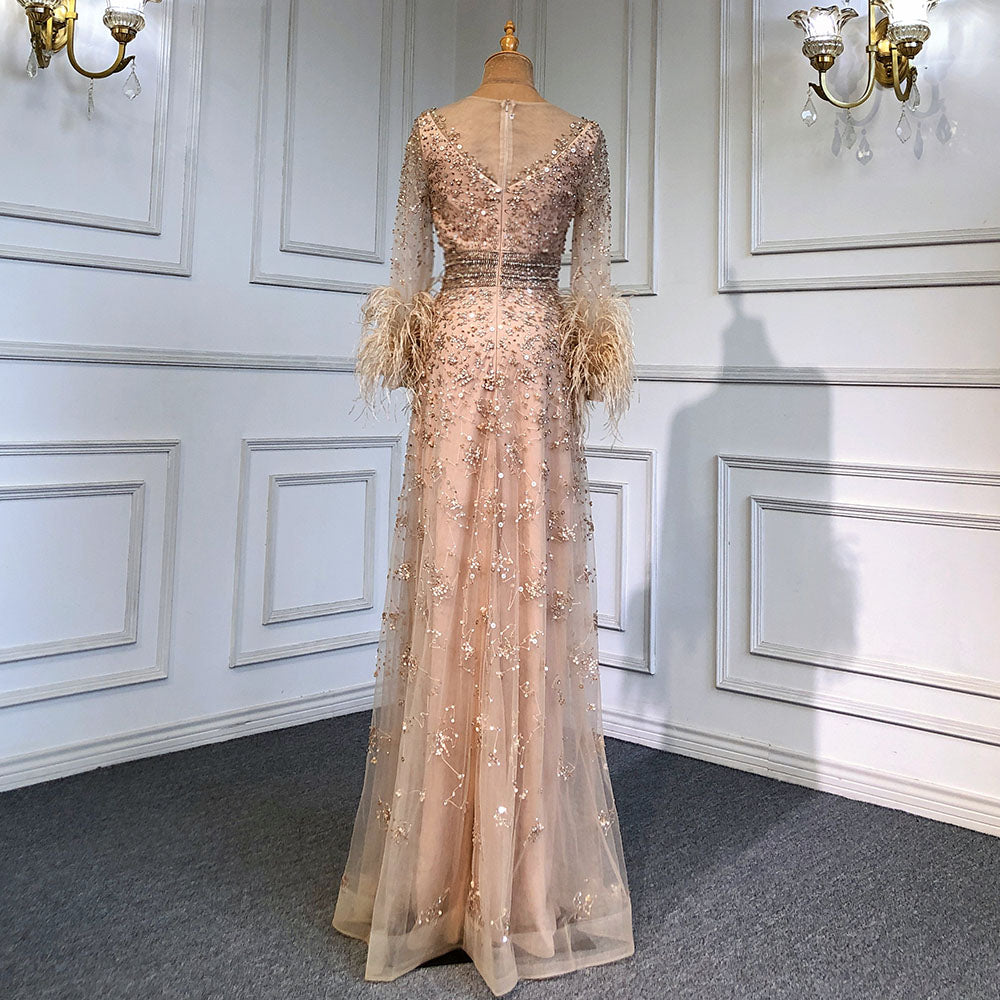 Vestido de noche dorado de corte A con mangas largas y plumas, 2025, para mujer, de lujo, cuello redondo, lentejuelas de cristal, hecho a mano, LA71654