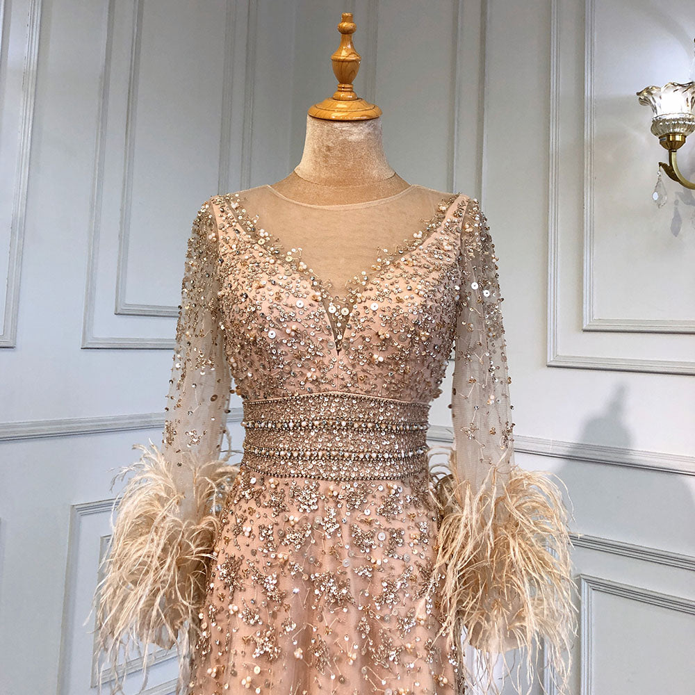 Vestido de noche dorado de corte A con mangas largas y plumas, 2025, para mujer, de lujo, cuello redondo, lentejuelas de cristal, hecho a mano, LA71654