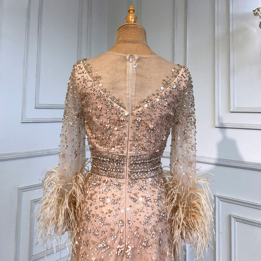 Vestido de noche dorado de corte A con mangas largas y plumas, 2025, para mujer, de lujo, cuello redondo, lentejuelas de cristal, hecho a mano, LA71654