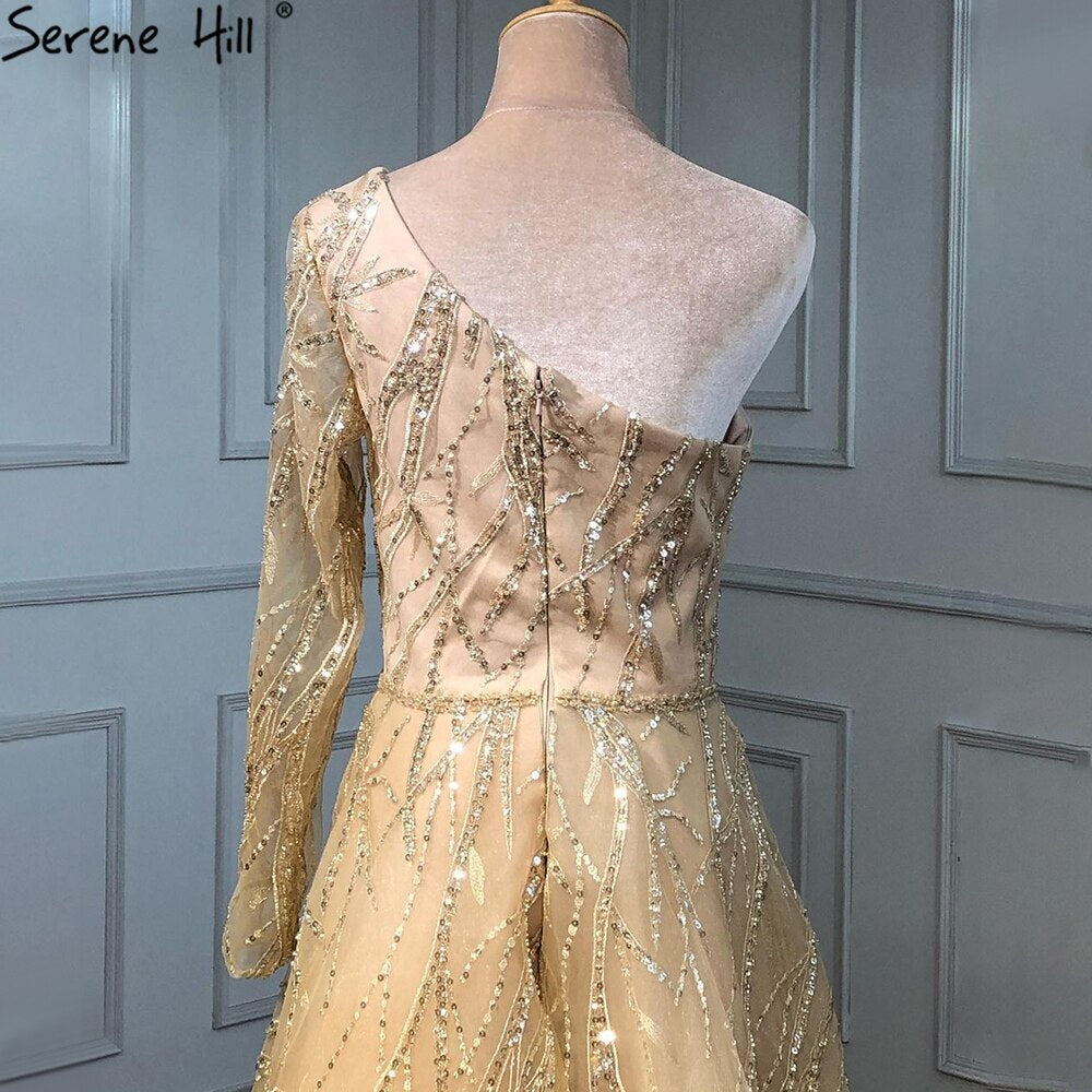 Vestidos de noche de lujo dorados de corte A, 2025, un hombro, con cuentas, sexys para mujer, fiesta LA71223