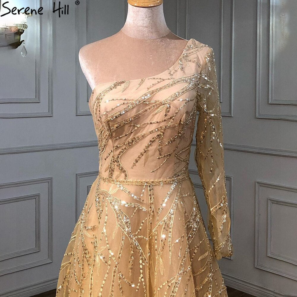 Vestidos de noche de lujo dorados de corte A, 2025, un hombro, con cuentas, sexys para mujer, fiesta LA71223