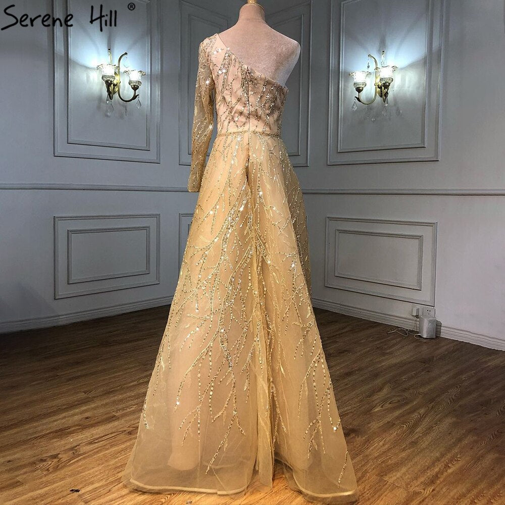 Vestidos de noche de lujo dorados de corte A, 2025, un hombro, con cuentas, sexys para mujer, fiesta LA71223
