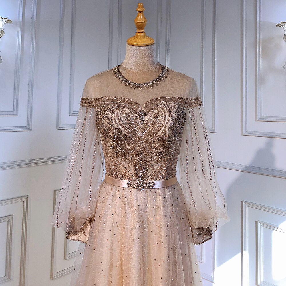 Vestidos de noche de lujo dorados de corte A, con mangas farol y cuentas, para mujer, para fiesta, LA71498
