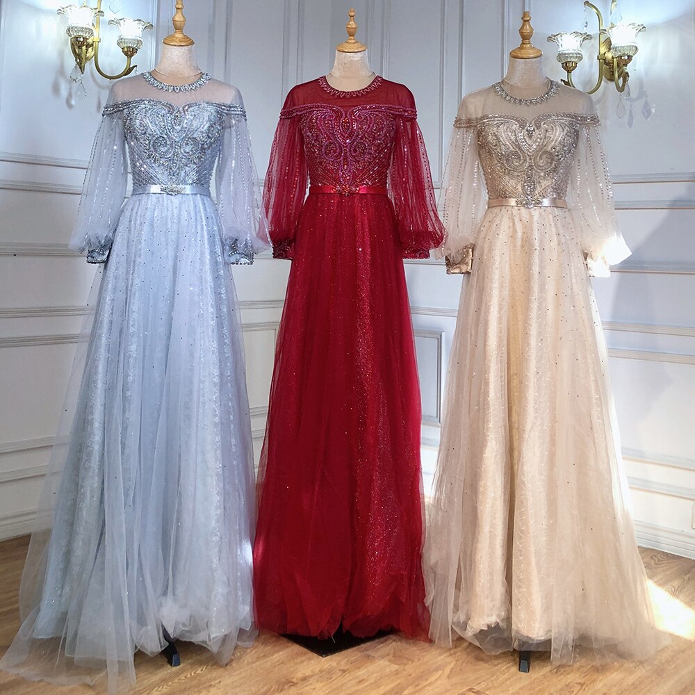 Vestidos de noche de lujo dorados de corte A, con mangas farol y cuentas, para mujer, para fiesta, LA71498