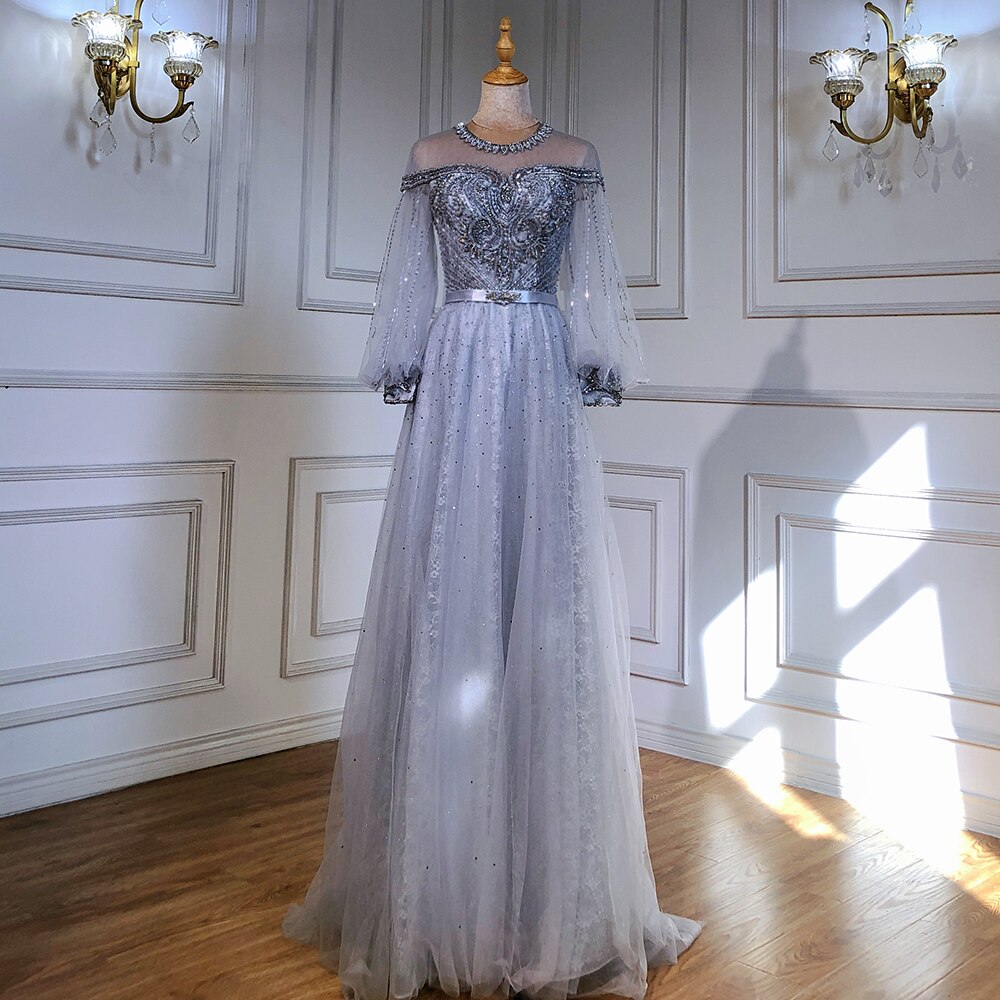 Vestidos de noche de lujo dorados de corte A, con mangas farol y cuentas, para mujer, para fiesta, LA71498