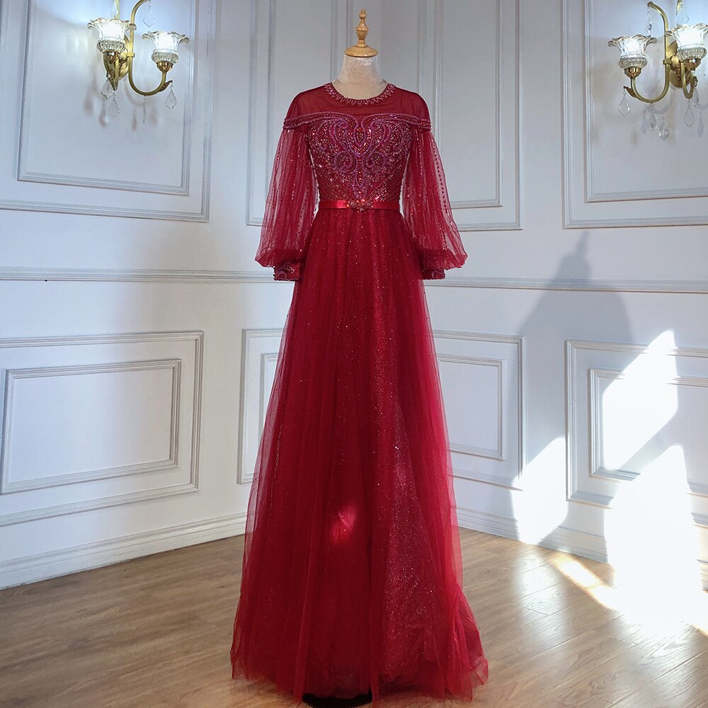 Vestidos de noche de lujo dorados de corte A, con mangas farol y cuentas, para mujer, para fiesta, LA71498