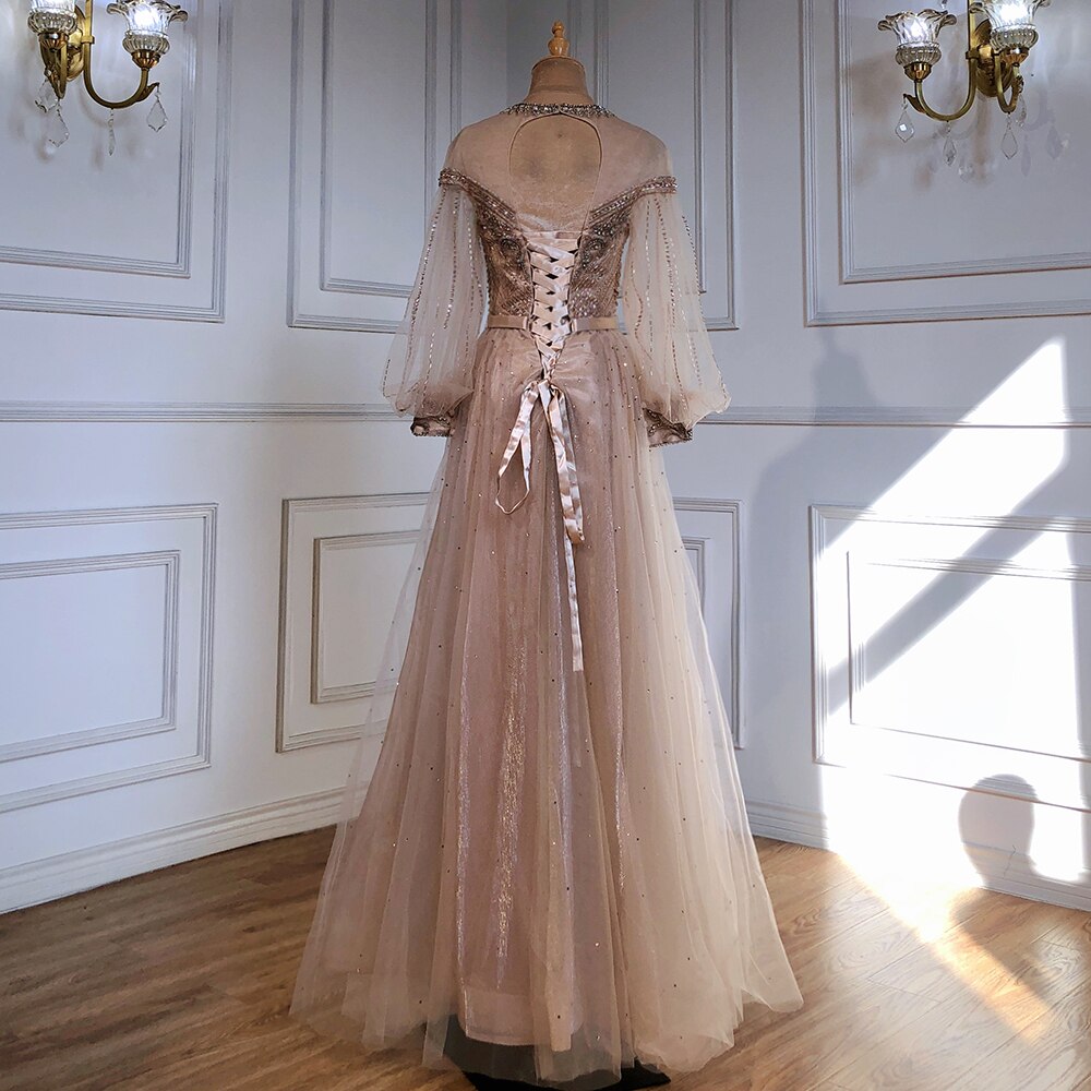 Vestidos de noche de lujo dorados de corte A, con mangas farol y cuentas, para mujer, para fiesta, LA71498