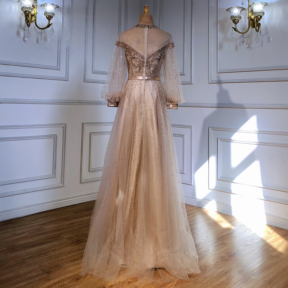 Vestidos de noche de lujo dorados de corte A, con mangas farol y cuentas, para mujer, para fiesta, LA71498
