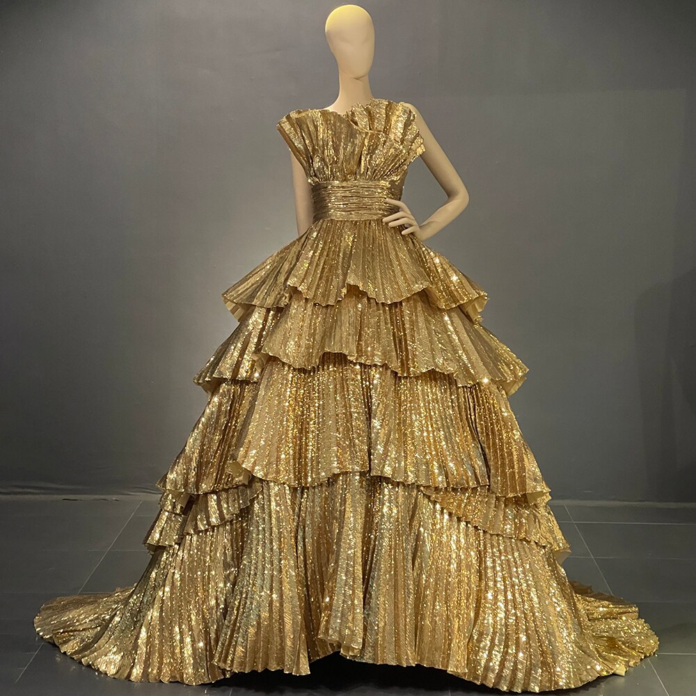 Vestidos de noche dorados de corte A con volantes y cuello festoneado, vestidos de lujo 2025 para mujer, fiesta, alta costura LA71753