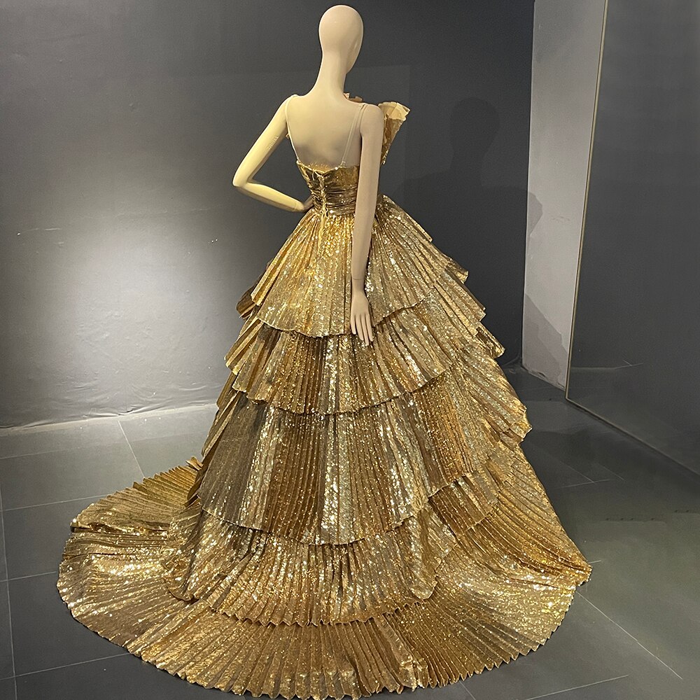 Vestidos de noche dorados de corte A con volantes y cuello festoneado, vestidos de lujo 2025 para mujer, fiesta, alta costura LA71753
