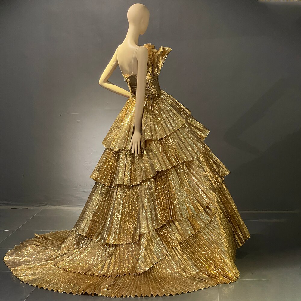 Vestidos de noche dorados de corte A con volantes y cuello festoneado, vestidos de lujo 2025 para mujer, fiesta, alta costura LA71753