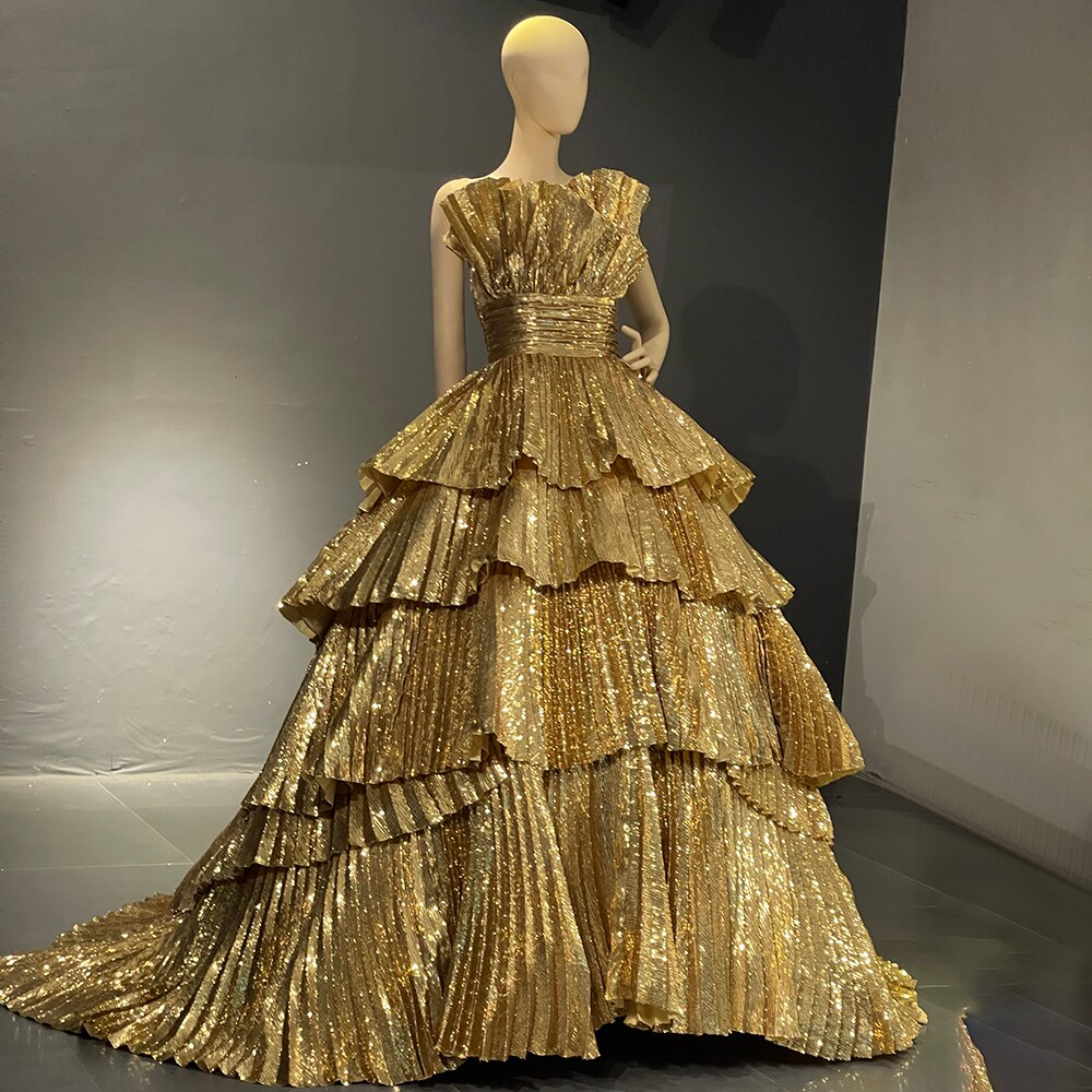 Vestidos de noche dorados de corte A con volantes y cuello festoneado, vestidos de lujo 2025 para mujer, fiesta, alta costura LA71753