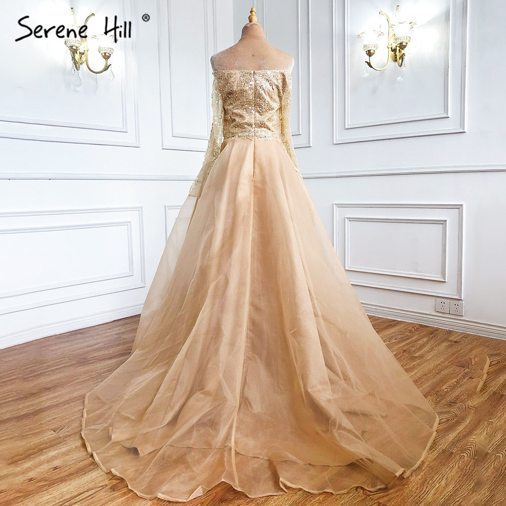 Vestidos de noche sexys de corte A dorados, con cuentas y hombros descubiertos, para mujer, para fiesta de boda LA71305