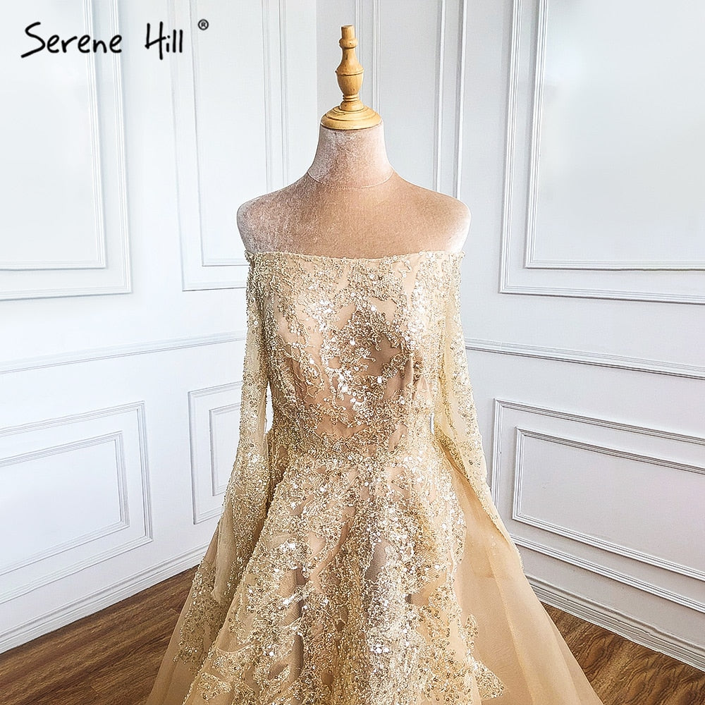 Vestidos de noche sexys de corte A dorados, con cuentas y hombros descubiertos, para mujer, para fiesta de boda LA71305