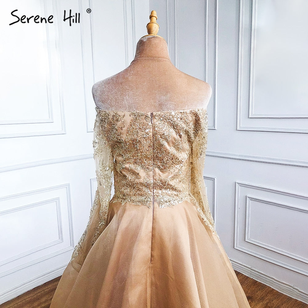 Vestidos de noche sexys de corte A dorados, con cuentas y hombros descubiertos, para mujer, para fiesta de boda LA71305