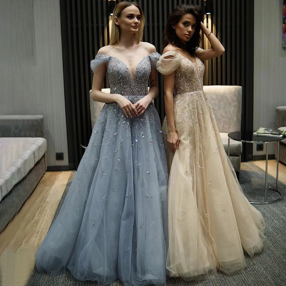 Vestidos de noche largos de lujo con escote en A y cuentas doradas, hombros descubiertos, sexys, para mujer, para fiesta, LA71411A