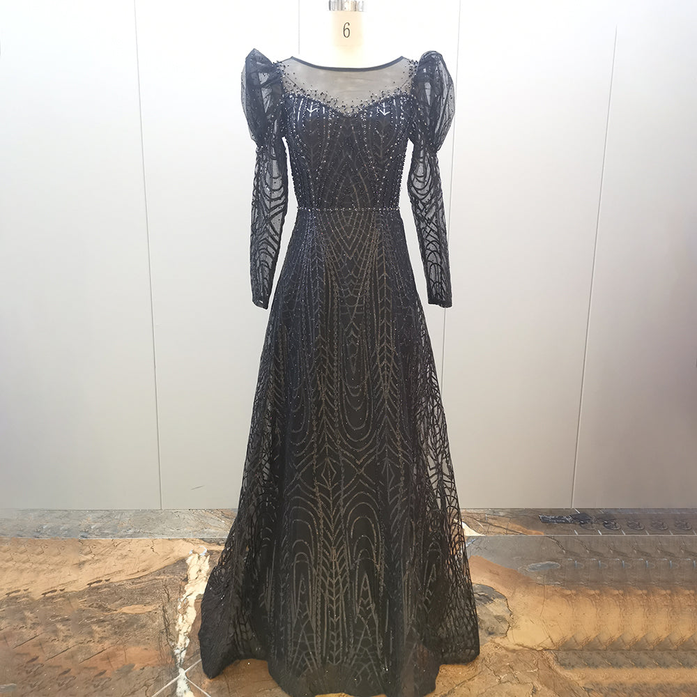 Vestidos de noche musulmanes con cuentas doradas, vestidos de lujo 2025, corte A, mangas abullonadas para mujer, fiesta LA71657