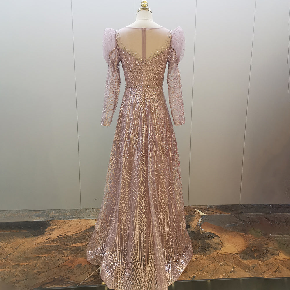 Vestidos de noche musulmanes con cuentas doradas, vestidos de lujo 2025, corte A, mangas abullonadas para mujer, fiesta LA71657
