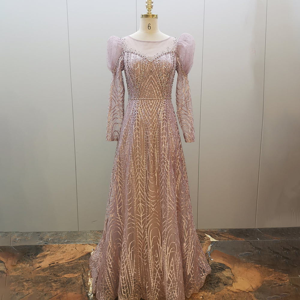 Vestidos de noche musulmanes con cuentas doradas, vestidos de lujo 2025, corte A, mangas abullonadas para mujer, fiesta LA71657