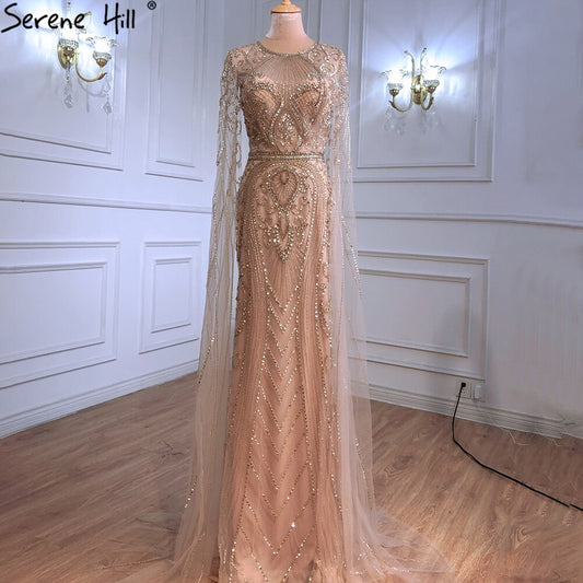 En oferta, sin devolución ni reembolso, elegante vestido de noche de sirena dorado, vestidos de lujo 2025 con mangas de capa y abalorios para mujer, fiesta LA70970